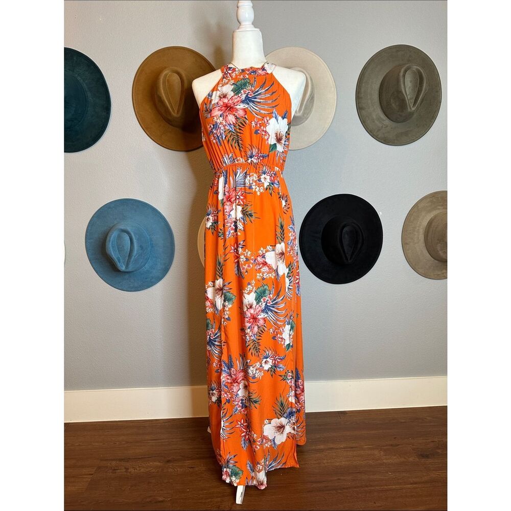Floral Halter Maxi Dress in Bright Orange